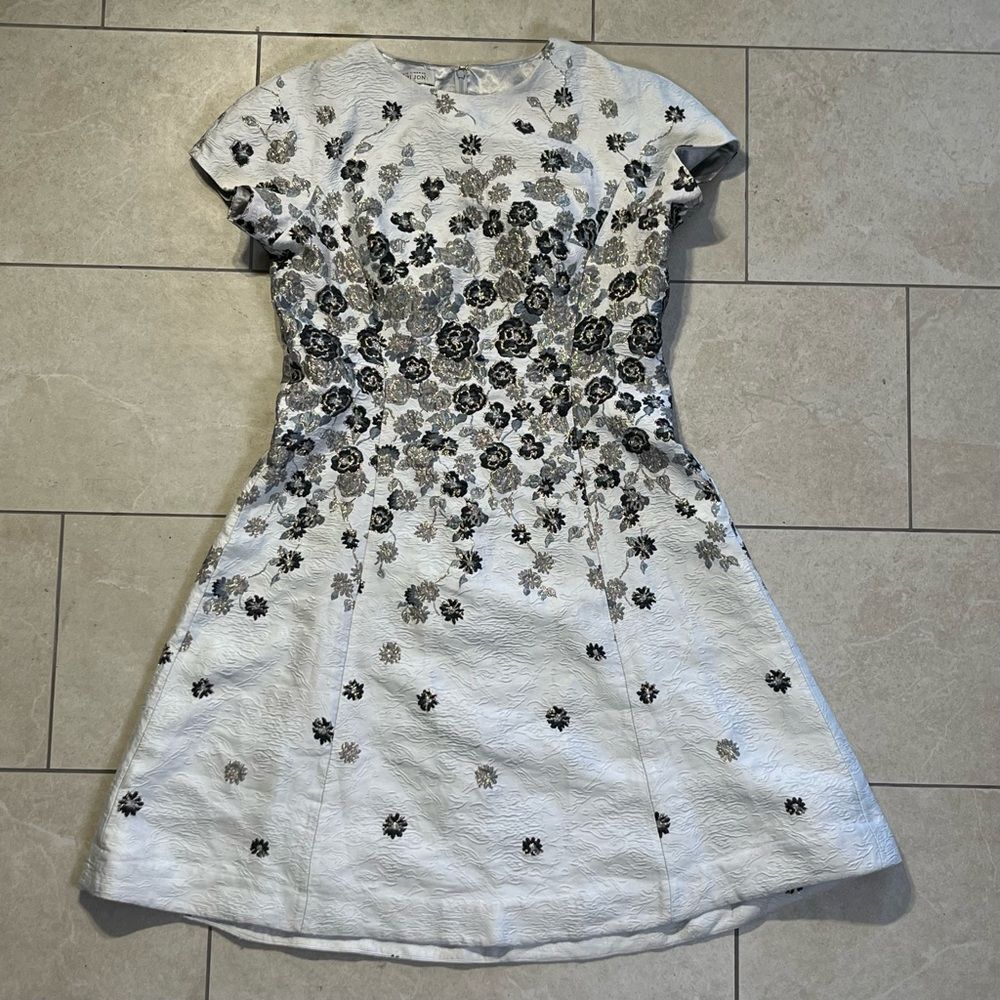 Rickie Freeman Teri Jon Silver Textured Floral Pattern Evening Dress Size 14